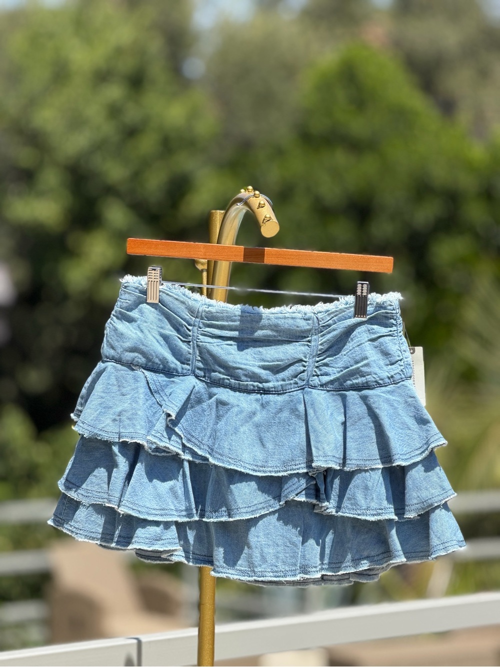 Anthropologie Light Blue Tiered Ruffle Denim Mini Skirt